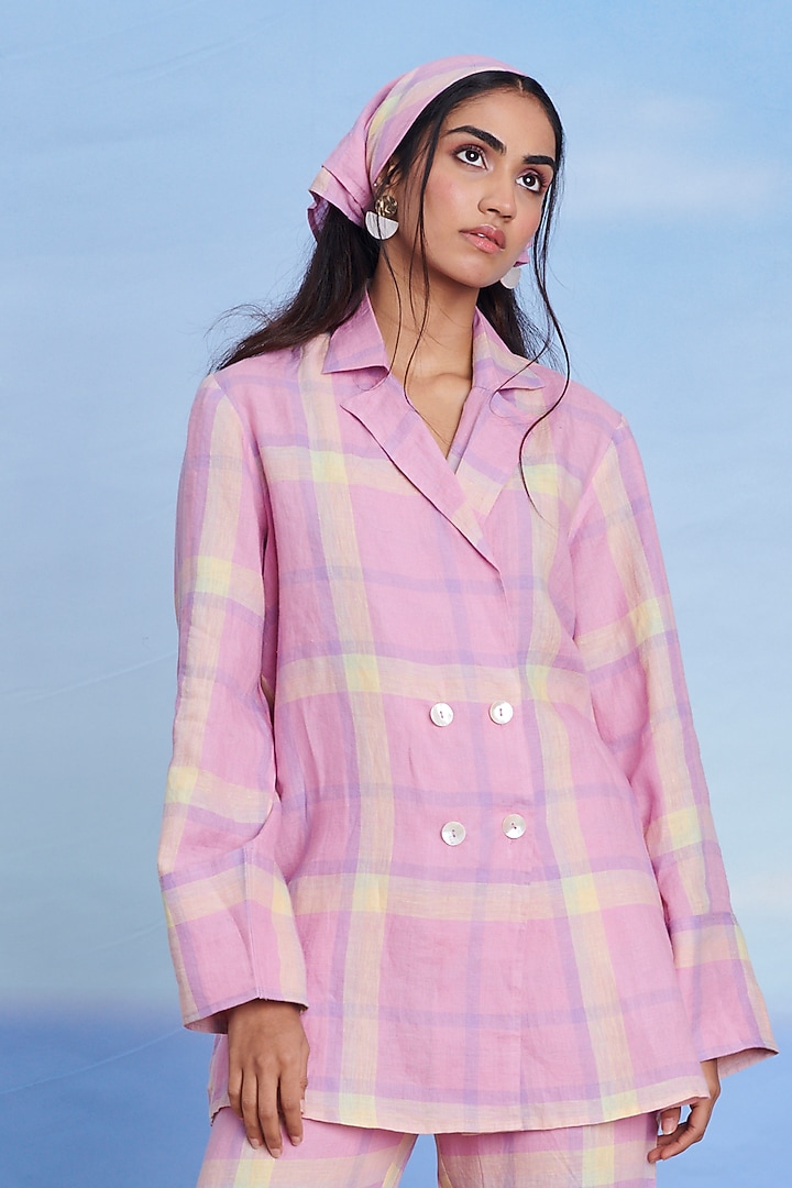 Cassata Pink Linen Floral Machine Embroidery Double Breasted Blazer Set by Saphed at Pernia's Pop Up Shop