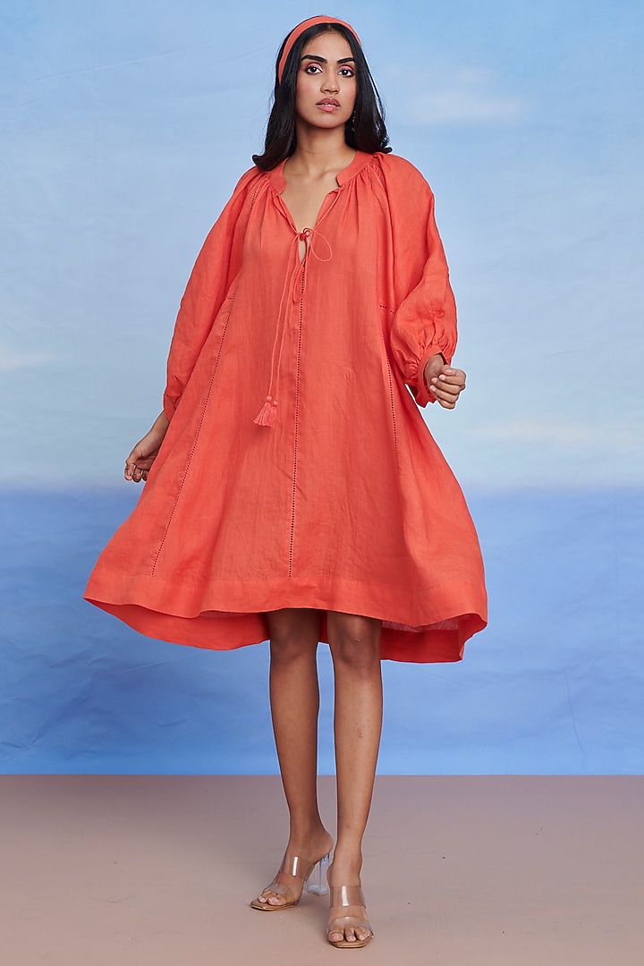 Tangerine Linen Panelled Summer Dress by Saphed at Pernia's Pop Up Shop