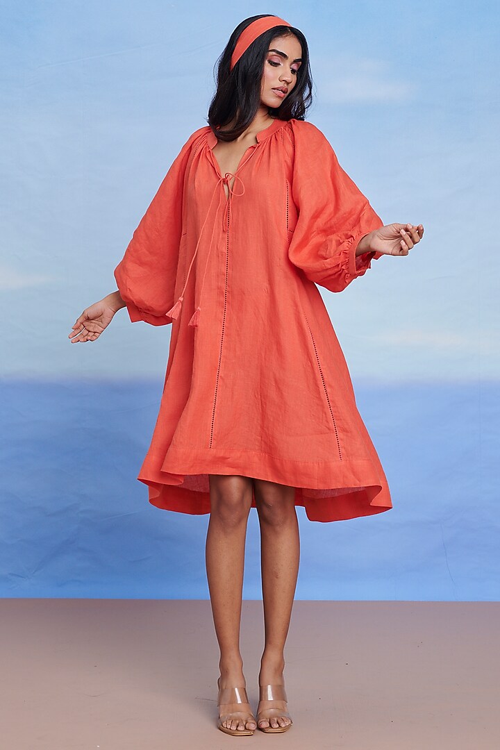 Tangerine Linen Panelled Summer Dress by Saphed at Pernia's Pop Up Shop
