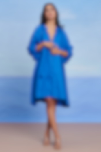 Santorini Blue Linen Panelled Summer Dress by Saphed at Pernia's Pop Up Shop
