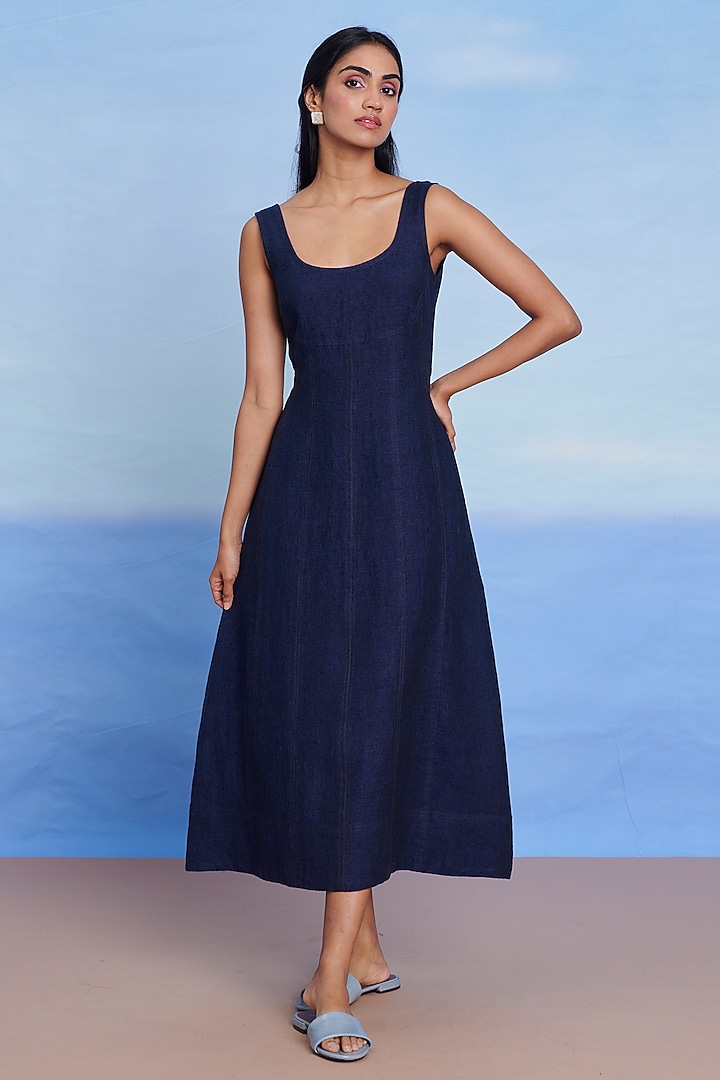 Neel Blue Linen Denim Panelled Summer Dress by Saphed at Pernia's Pop Up Shop