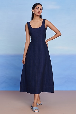 Neel Blue Linen Denim Panelled Dress by Saphed