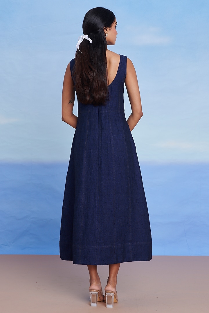 Neel Blue Linen Denim Panelled Summer Dress by Saphed at Pernia's Pop Up Shop
