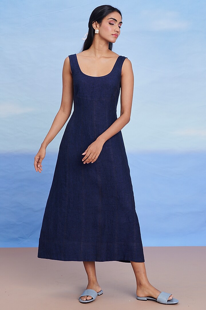Neel Blue Linen Denim Panelled Summer Dress by Saphed at Pernia's Pop Up Shop Neel Blue Linen Denim Panelled Summer Dress by Saphed at Pernia's Pop Up Shop