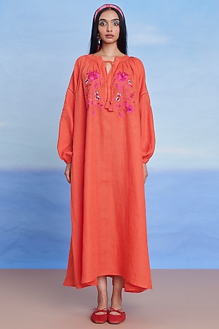 Tangerine Linen Machine Embroidered Dress by Saphed