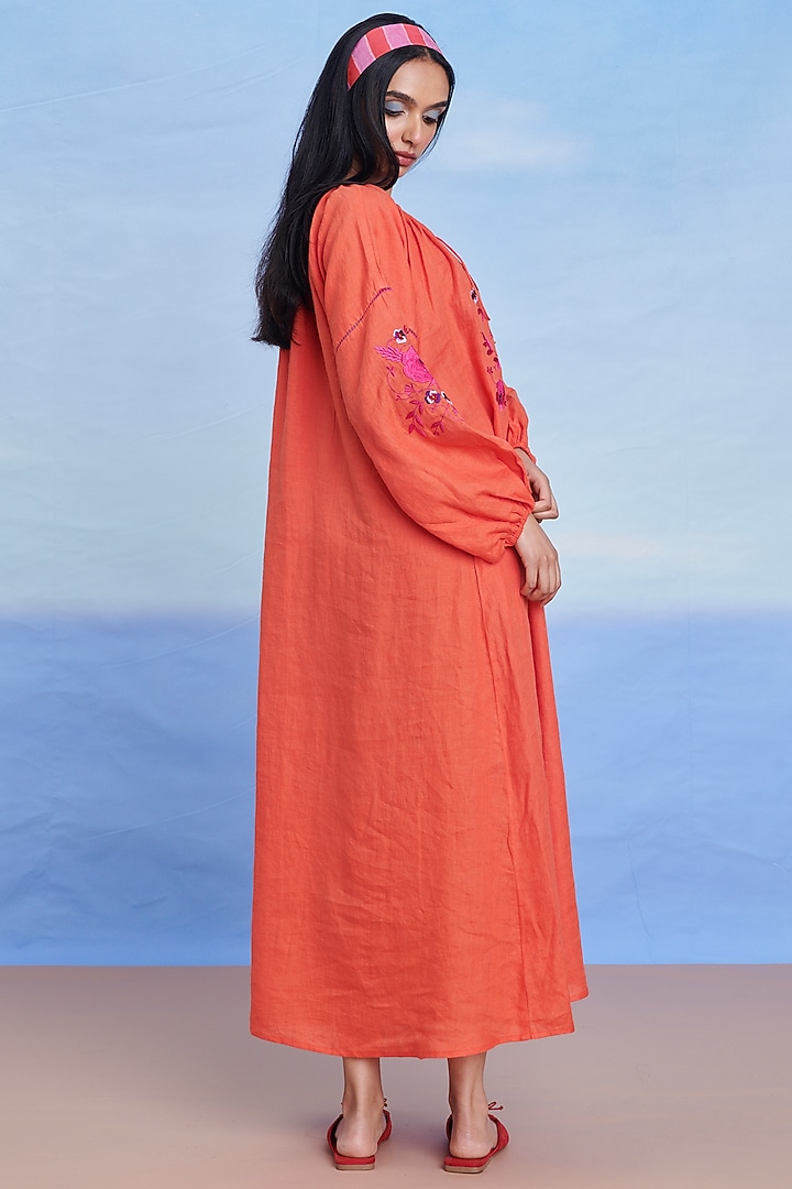 Tangerine Linen Machine Embroidered Vacation Dress by Saphed at Pernia's Pop Up Shop