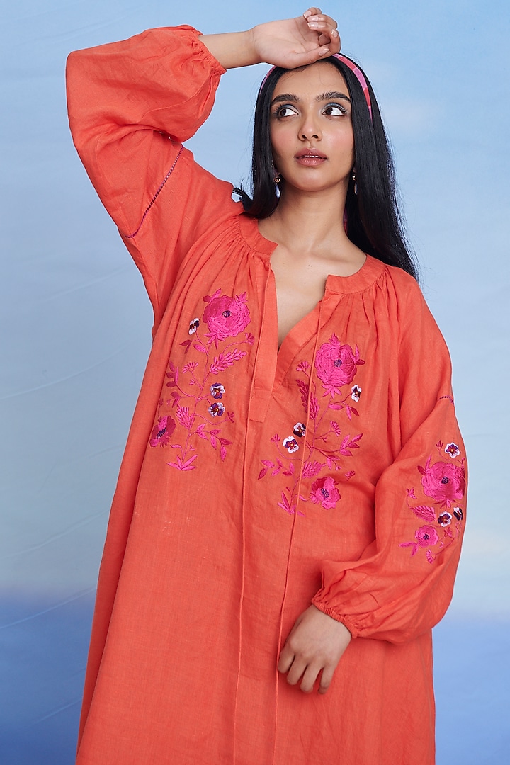 tangerine linen dress Tangerine Halter Knot Tie Linen Blend Midi Dress
