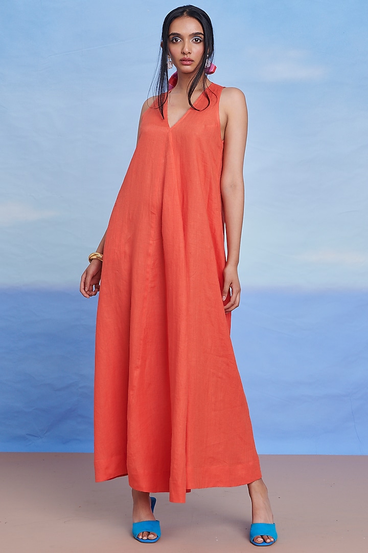 Tangerine Linen Flared Summer Dress by Saphed at Pernia's Pop Up Shop