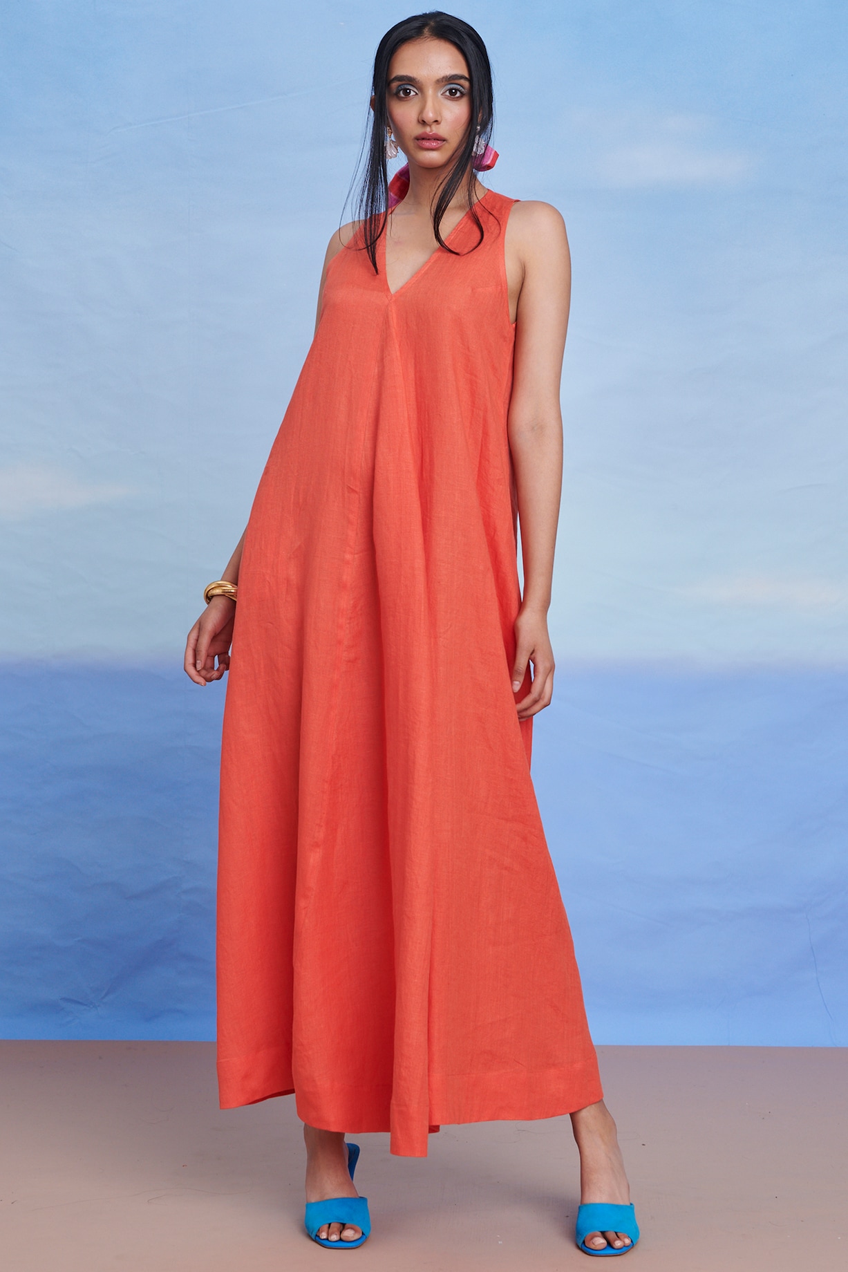 Tangerine Linen Flared Summer Dress by Saphed at Pernia's Pop Up Shop 2026