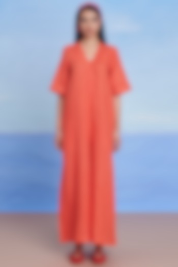 Tangerine Linen Flared Jumpsuit by Saphed at Pernia's Pop Up Shop