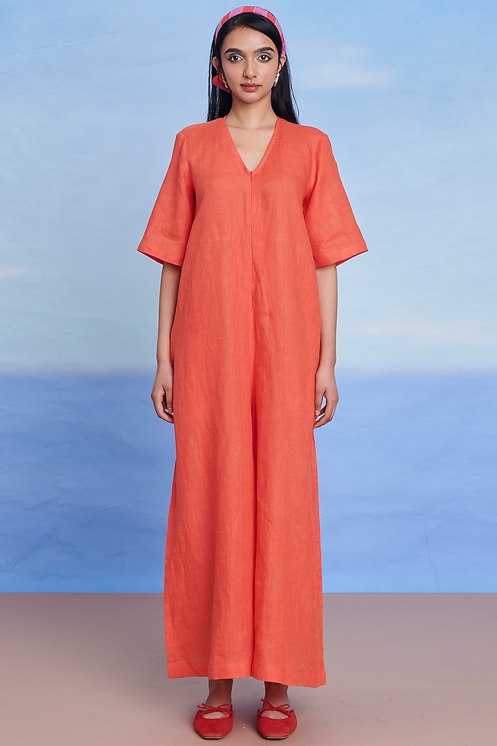 Tangerine Linen Flared Jumpsuit by Saphed at Pernia's Pop Up Shop