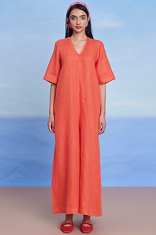 Tangerine Linen Flared Jumpsuit by Saphed