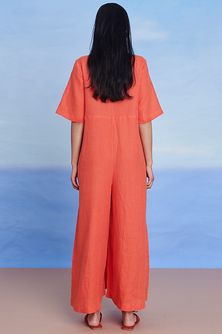Tangerine Linen Flared Jumpsuit by Saphed at Pernia's Pop Up Shop