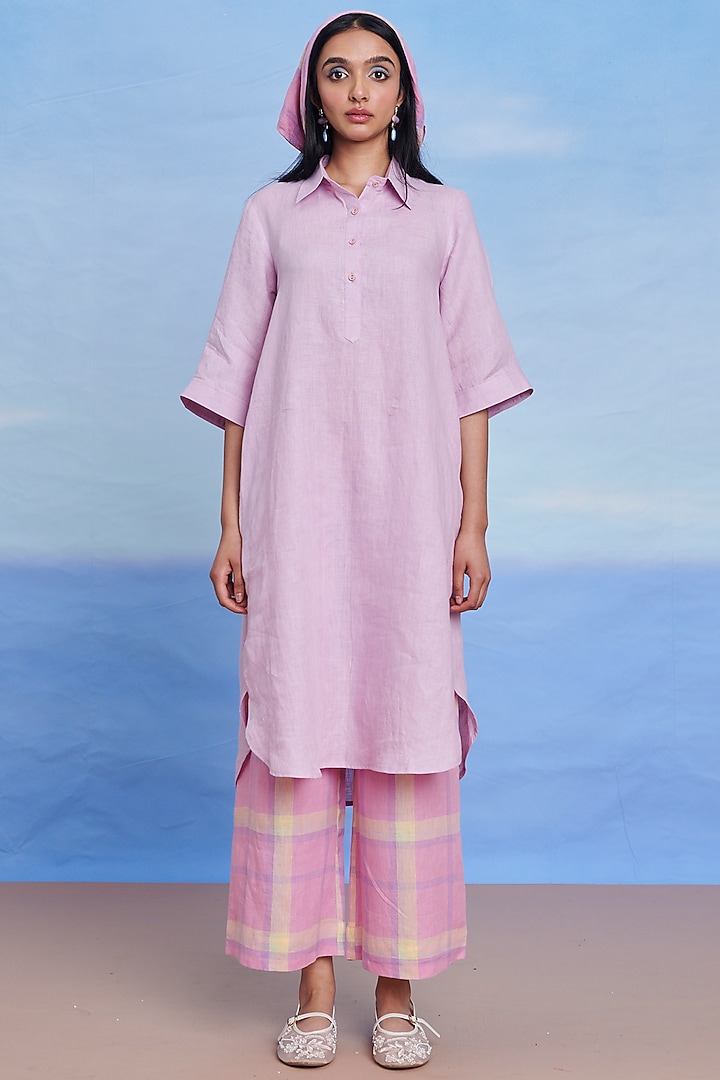 Lilac Linen Kurta Set by Saphed at Pernia's Pop Up Shop