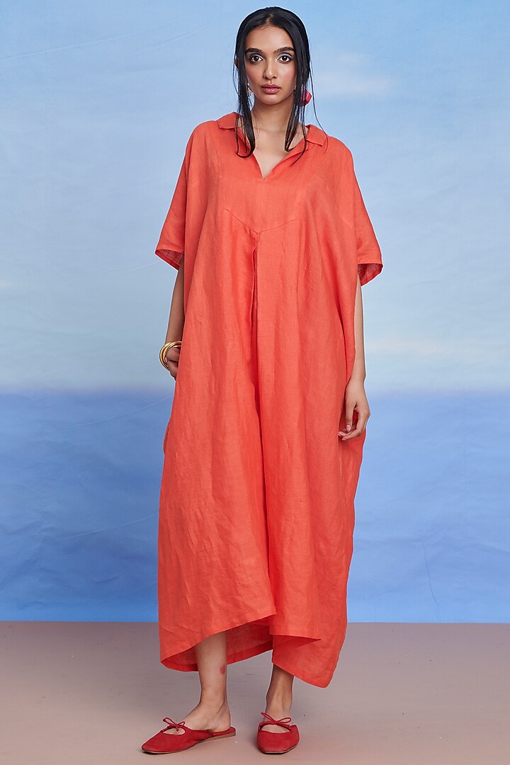 Tangerine Linen Kaftan by Saphed at Pernia's Pop Up Shop