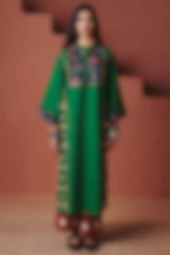 Green Cotton Linen Printed Straight Kurta Set by Saphed at Pernia's Pop Up Shop