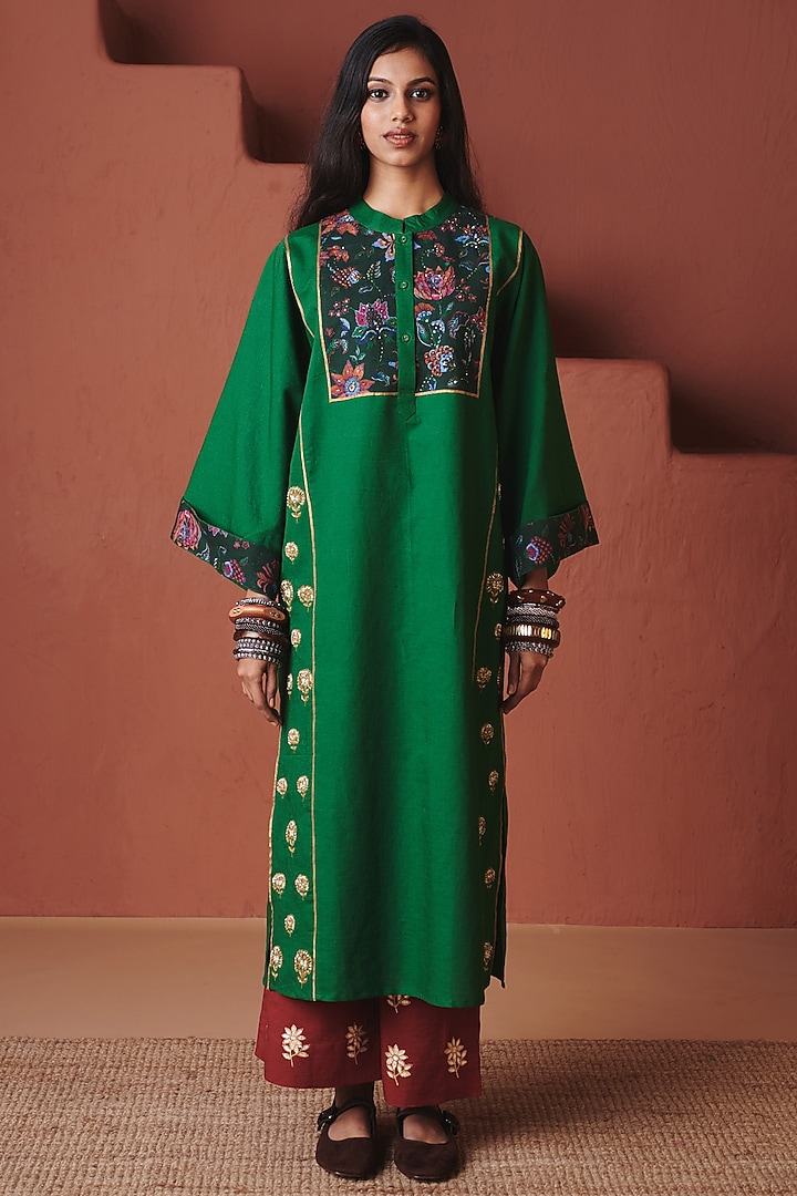 Green Cotton Linen Printed Straight Kurta Set by Saphed at Pernia's Pop Up Shop