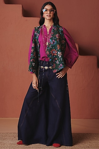 Green Cotton Linen Chintz Printed Wrap Waistcoat by Saphed