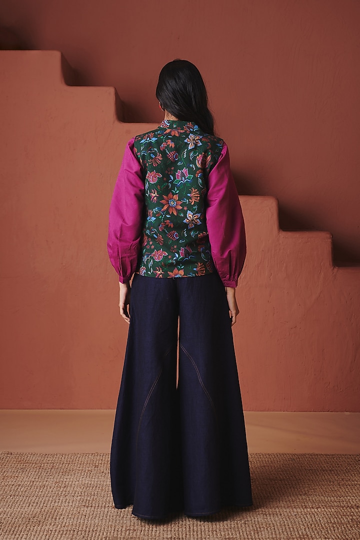 Green Cotton Linen Chintz Printed Wrap Waistcoat by Saphed at Pernia's Pop Up Shop
