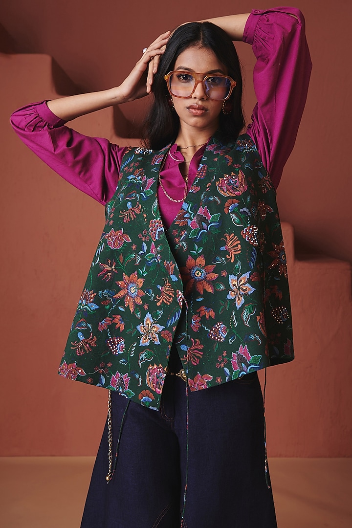 Green Cotton Linen Chintz Printed Wrap Waistcoat by Saphed at Pernia's Pop Up Shop
