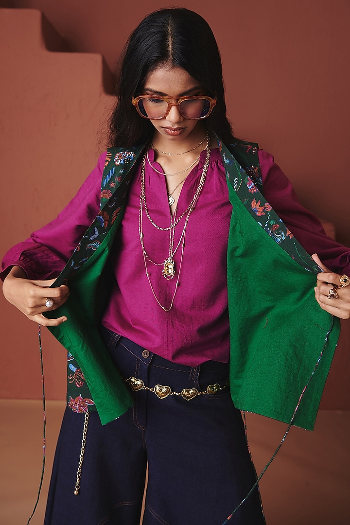 Green Cotton Linen Chintz Printed Wrap Waistcoat by Saphed at Pernia's Pop Up Shop