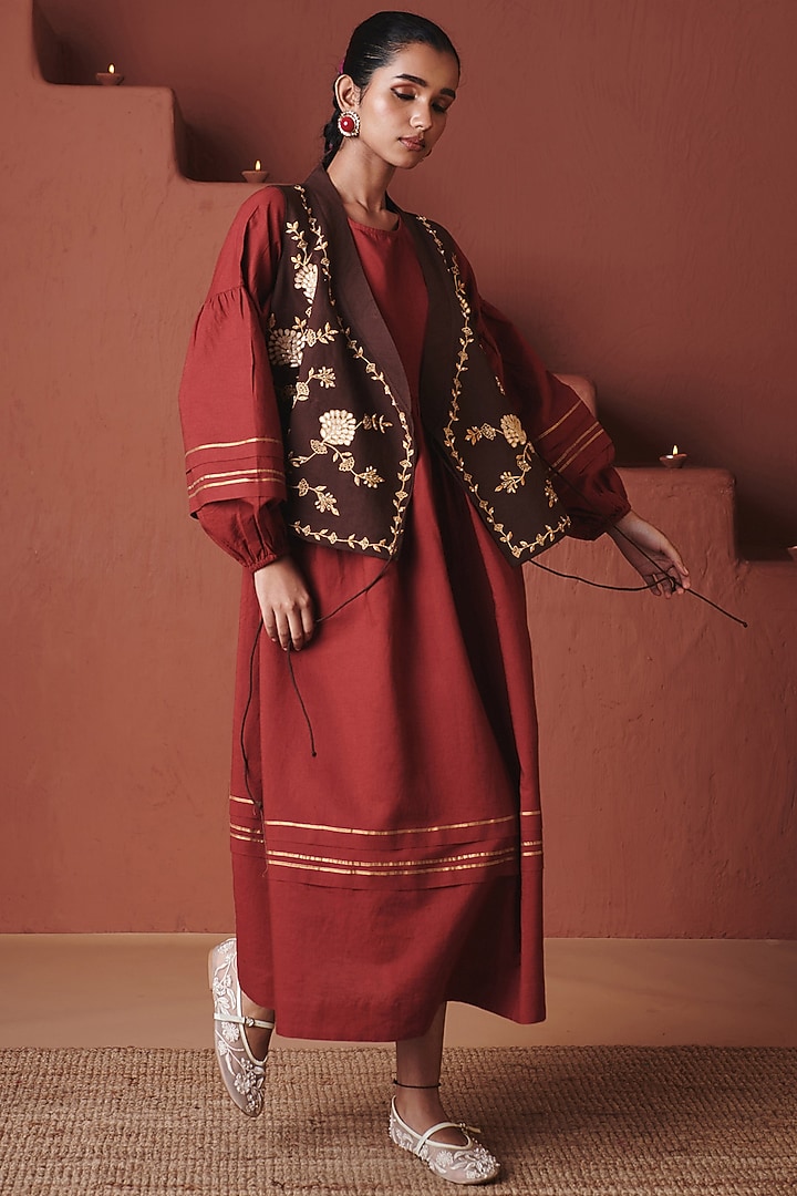 Brick Red Cotton Linen Midi Sack Summer Dress by Saphed at Pernia's Pop Up Shop