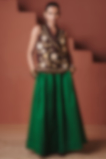 Coffee Brown Cotton Linen Floral Embroidered Wrap Waistcoat by Saphed at Pernia's Pop Up Shop