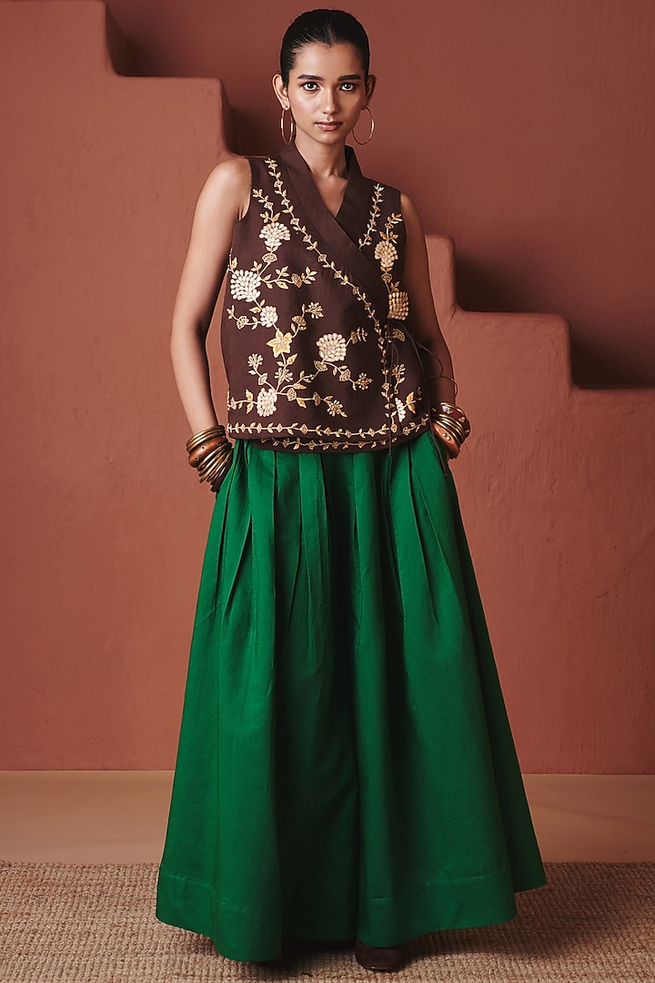 Coffee Brown Cotton Linen Floral Embroidered Wrap Waistcoat by Saphed at Pernia's Pop Up Shop