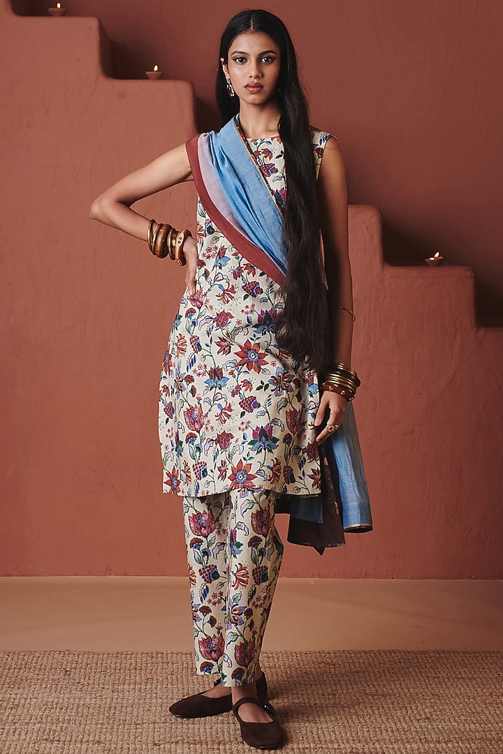 Beige Cotton Linen Chintz Printed Kurta Set by Saphed at Pernia's Pop Up Shop
