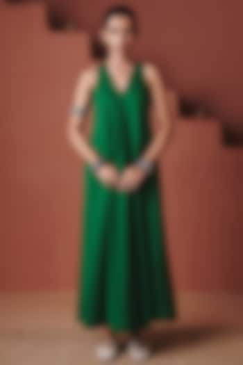 Green Cotton Linen V-Neck Midi Flared Summer Dress by Saphed at Pernia's Pop Up Shop