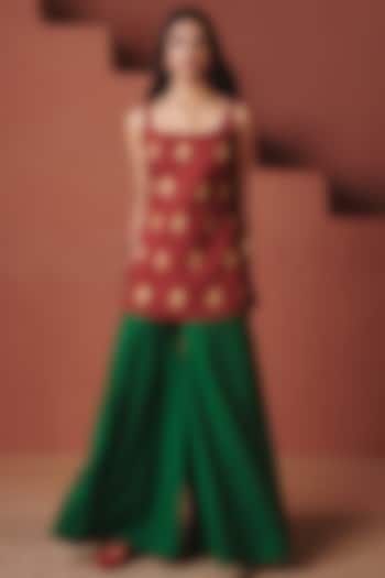 Brick Red Cotton Linen Boota Embroidered Short Kurta Set by Saphed at Pernia's Pop Up Shop