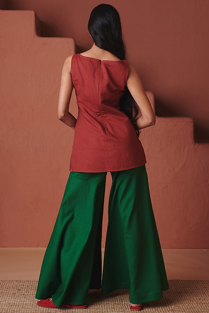 Brick Red Cotton Linen Boota Embroidered Short Kurta Set by Saphed at Pernia's Pop Up Shop