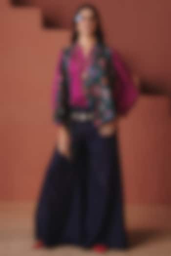 Navy Blue Cotton Linen Flared Pants by Saphed at Pernia's Pop Up Shop