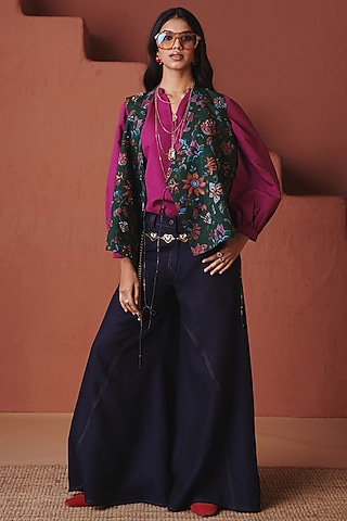 Navy Blue Cotton Linen Flared Pants by Saphed