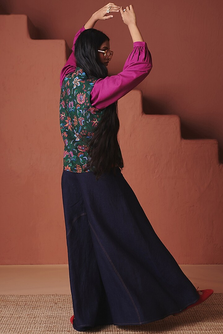 Navy Blue Cotton Linen Flared Pants by Saphed at Pernia's Pop Up Shop