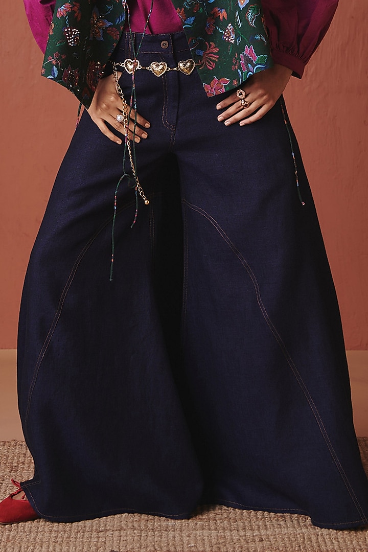 Navy Blue Cotton Linen Flared Pants by Saphed at Pernia's Pop Up Shop