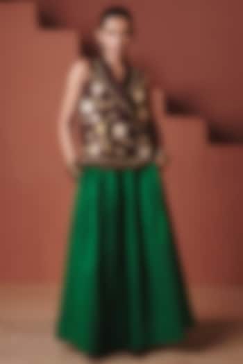 Green Cotton Linen Pleated Flared Pants by Saphed at Pernia's Pop Up Shop