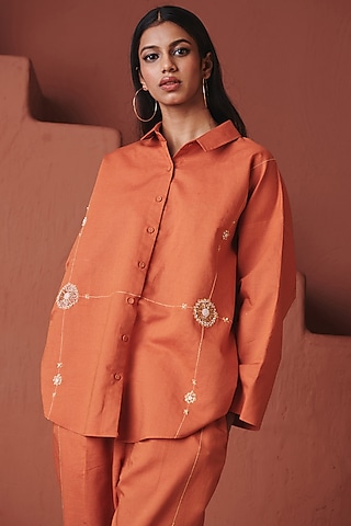 Marigold Orange Cotton Linen Button-Down Shirt by Saphed