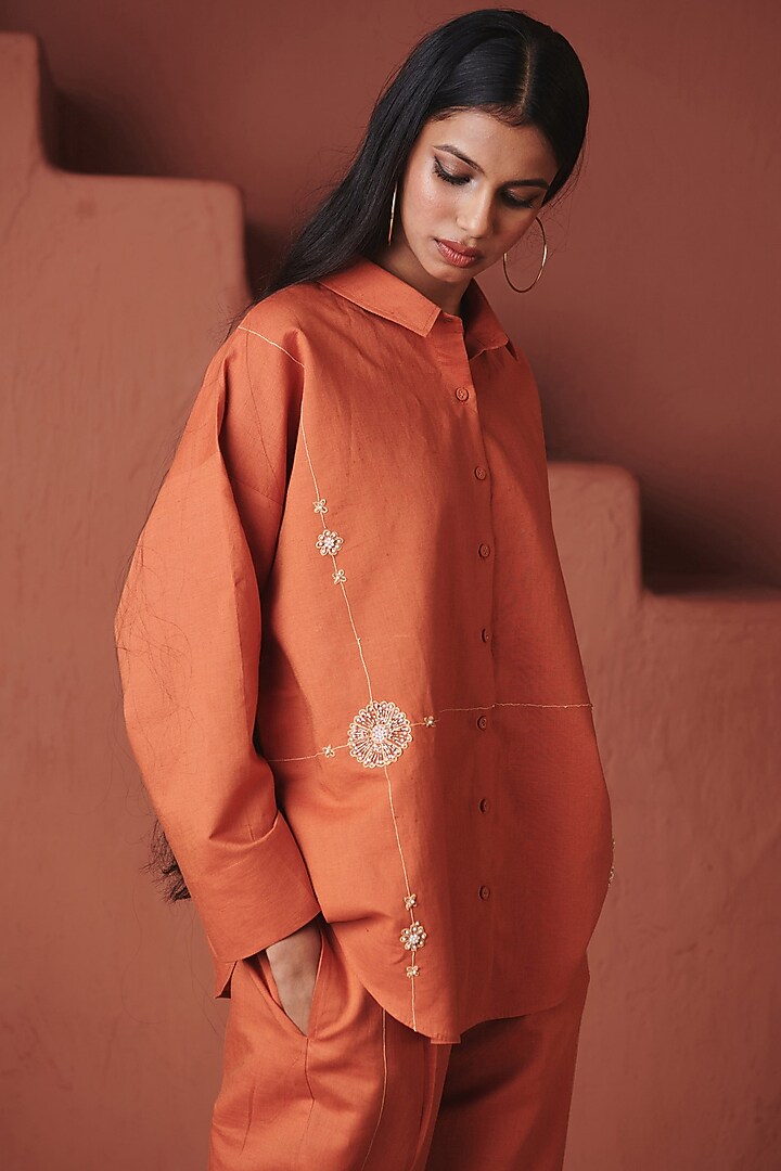 Marigold Orange Cotton Linen Button-Down Shirt by Saphed at Pernia's Pop Up Shop