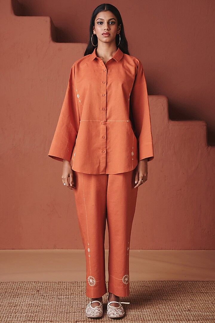 Marigold Orange Cotton Linen Button-Down Shirt by Saphed at Pernia's Pop Up Shop