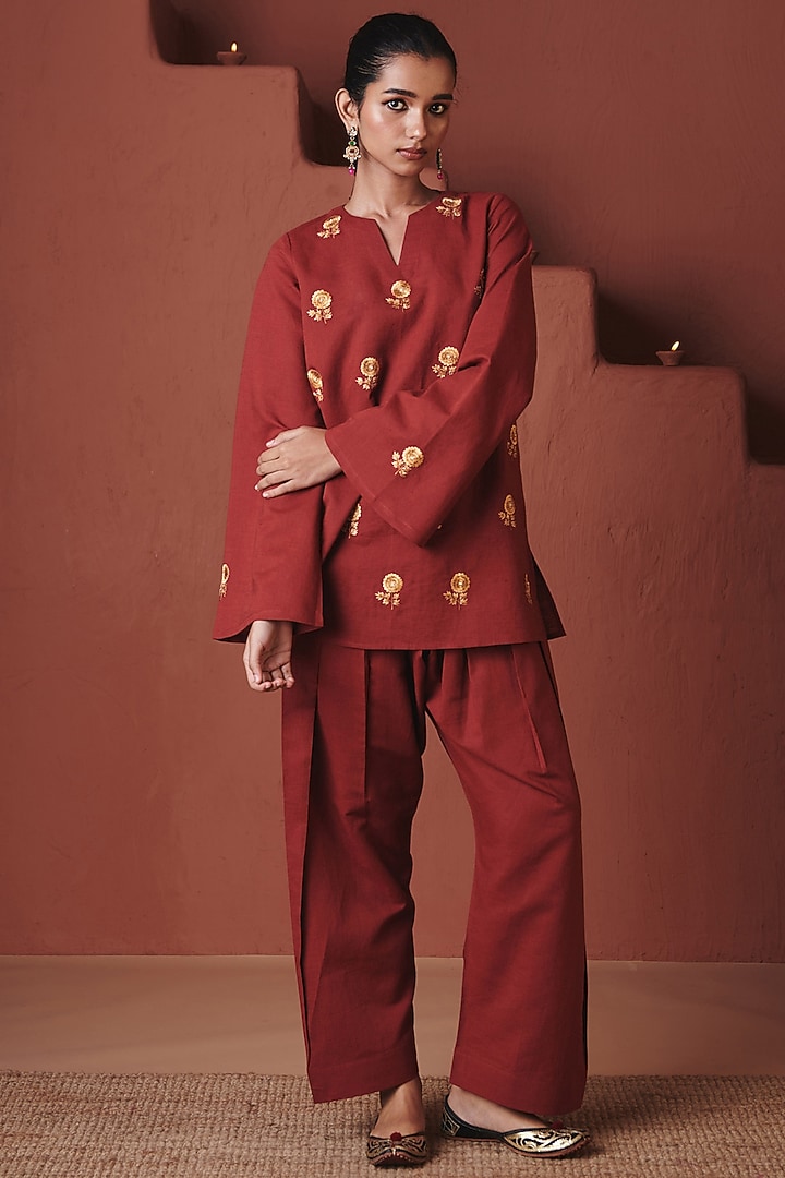 Brick red Cotton Linen Floral Embroidered Co-Ord Set by Saphed at Pernia's Pop Up Shop