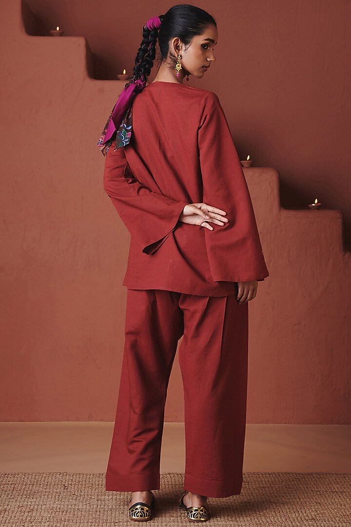 Brick red Cotton Linen Floral Embroidered Co-Ord Set by Saphed at Pernia's Pop Up Shop