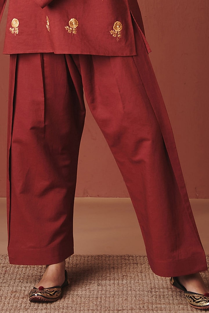 Brick red Cotton Linen Floral Embroidered Co-Ord Set by Saphed at Pernia's Pop Up Shop