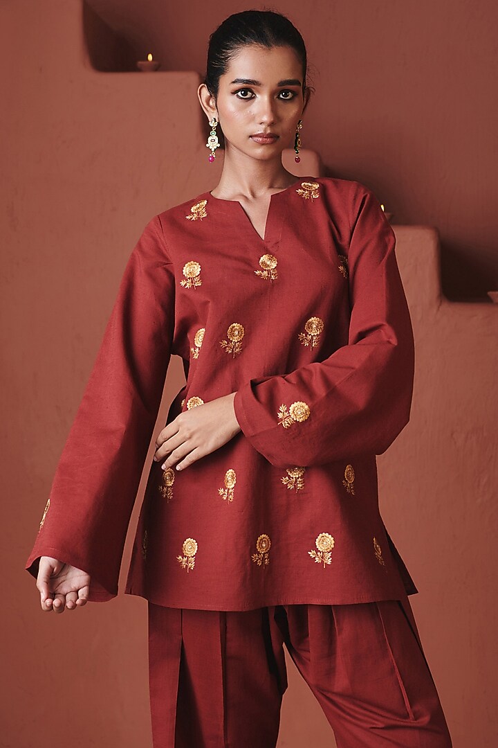 Brick red Cotton Linen Floral Embroidered Co-Ord Set by Saphed at Pernia's Pop Up Shop
