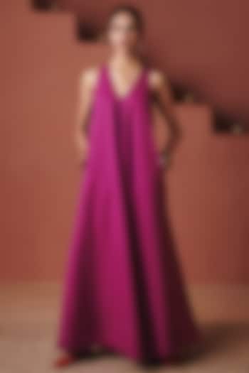 Orchid Purple Cotton Line V-Neck Flared Summer Dress by Saphed at Pernia's Pop Up Shop