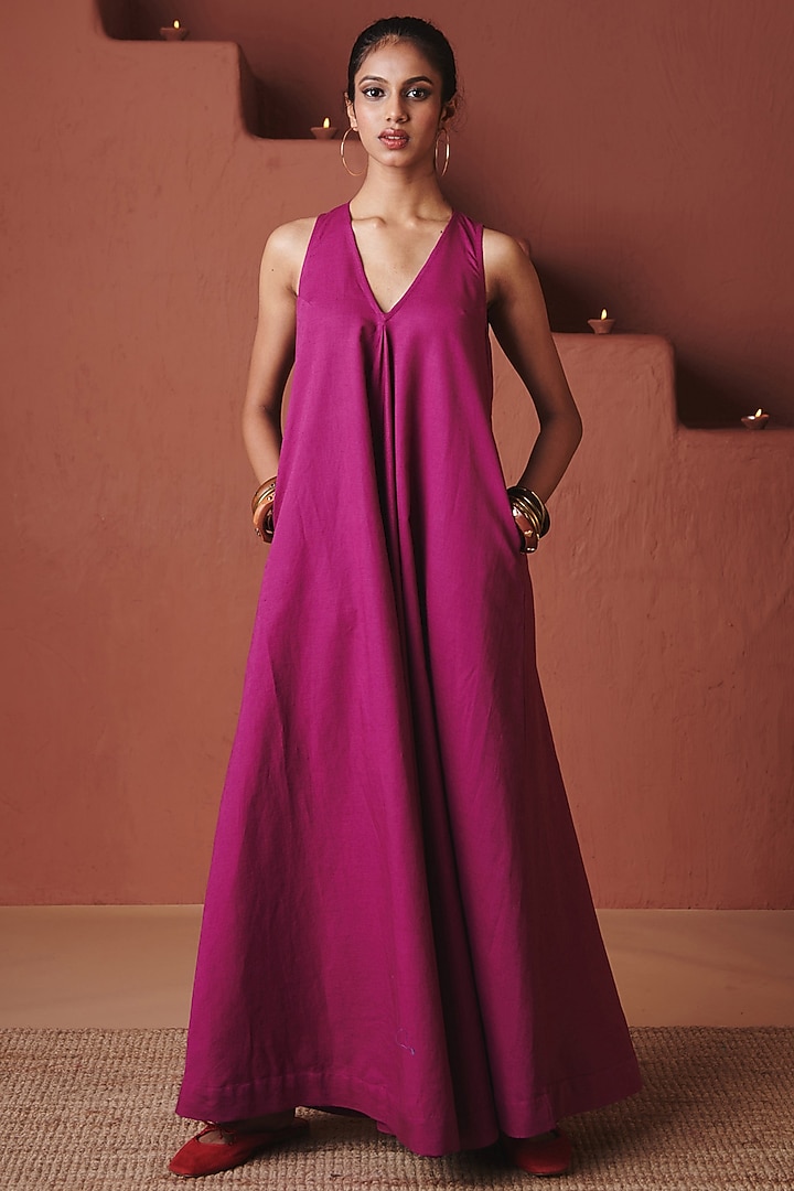 Orchid Purple Cotton Line V-Neck Flared Summer Dress by Saphed at Pernia's Pop Up Shop