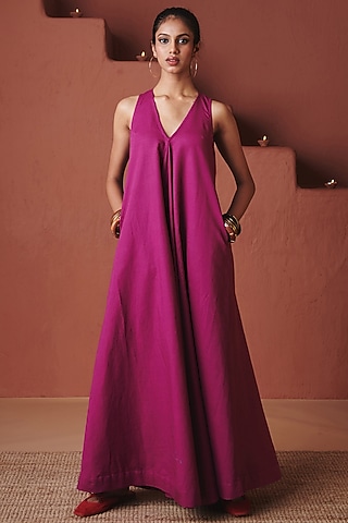 Orchid Purple Cotton Line V-Neck Flared Dress by Saphed
