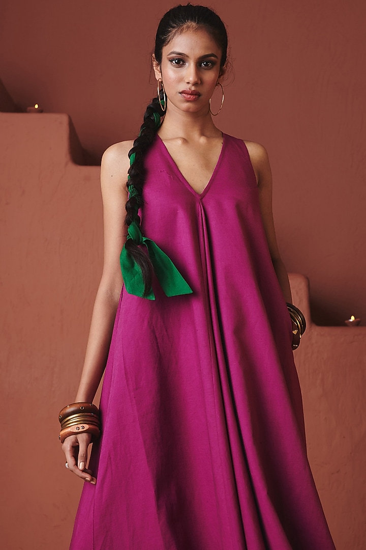 Orchid Purple Cotton Line V-Neck Flared Summer Dress by Saphed at Pernia's Pop Up Shop