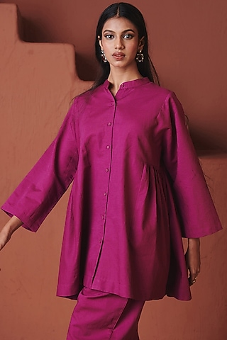 Orchid Purple Cotton Linen Gathered Top by Saphed
