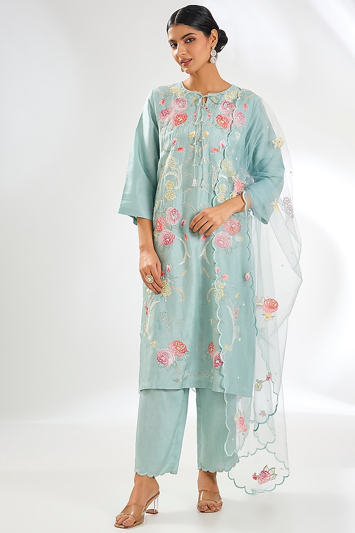 Dusky Blue Silk Resham Embroidered A-line Kurta Set by Shilpa Karnavat at Pernia's Pop Up Shop